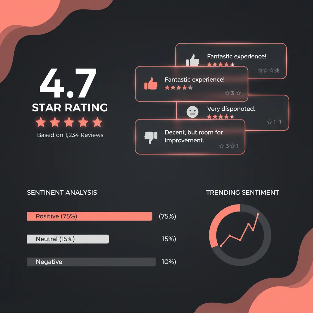 Reputation management dashboard showing review scores and sentiment analysis across platforms